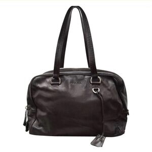 Prada Logo Boston Shoulder Satchel Doctor Bag Leather Brown Orange